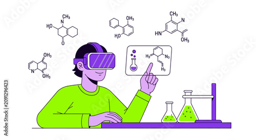 Scientist Using Virtual Reality VR Headset for Chemistry Research and Molecular Analysis in Digital Laboratory Illustration