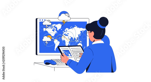 Meteorologist Analyzing Global Weather Patterns and Storm Activity on Computer Screen Illustration