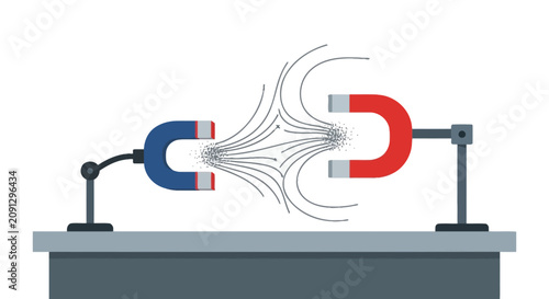 Magnetic Attraction Concept Illustration - Two Horseshoe Magnets Pulling Iron Filings Representing Physics, Science, and Marketing Lead Generation