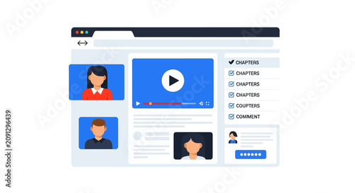 Flat Vector Illustration of an Online Video Learning Platform Interface with Chapters and User Avatars for E-learning and Remote Education Concepts