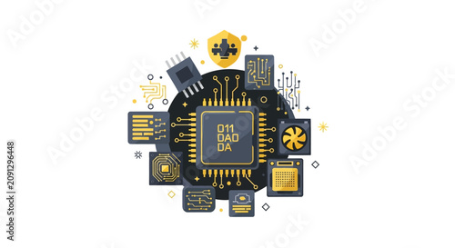 Computer Hardware Components and CPU Microchip Flat Vector Illustration for Technology, Cyber Security, and Computing Infrastructure Concepts