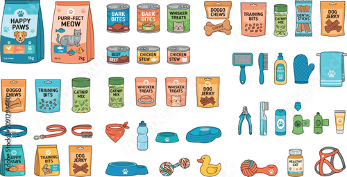 Domestic Pet Care Supplies Vector Icon Set Featuring Dog and Cat Dry Food Bags Canned Stew Treats Toys Collar Grooming and Care Accessories