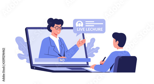 Online Education Concept with Student Watching Live Lecture on Laptop and Teacher Teaching Remotely