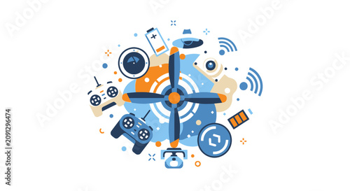 Drone Technology Illustration with UAV Components, Remote Control, Camera, and Propeller. Modern Flat Vector Design for Drone Industry and Aerial Photography Concepts.