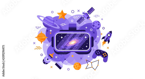 Virtual Reality VR Headset Vector Illustration Featuring Space Exploration, Galaxy, Planets, and Gaming Concept for Metaverse and Technology Themes