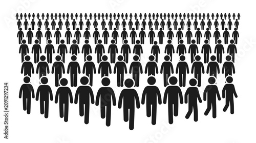 Crowd people icon vector illustration showing a large group of stylized black human figures standing together in a formation