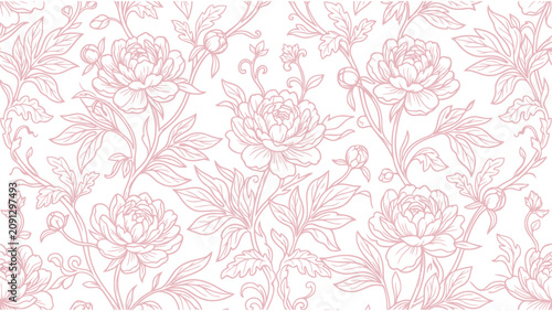 Bild auf Leinwand Vintage floral pattern with pink peony line art, elegant botanical wallpaper vec