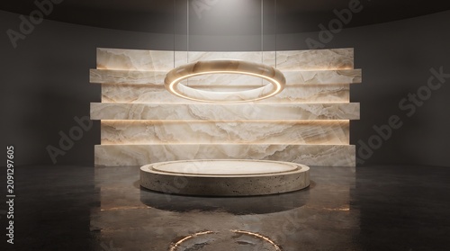 Empty round podium with onyx wall background and circular hanging light