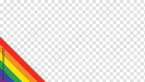 Colorful rainbow diagonal lines corner layout, flat abstract LGBT pride spectrum stripes banner on checkered background.