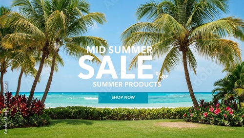 Mid Summer Sale on Summer Products at a Beach Location With Palm Trees and Cl...