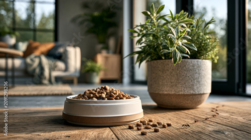 High-resolution photorealistic documentary commercial stock photo of a clean residential pet feeding area with a plain pet food bowl, a few spilled dry kibble pieces on the floor a