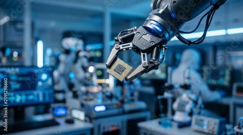 Robotic Arm Holding Microchip in Technology Lab