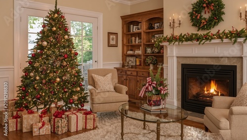 Christmas Tree in Living Room Decorated With Gifts and Fireplace in Warm Light