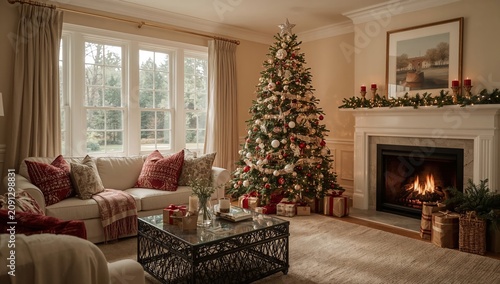 Christmas Tree in Living Room Decorated With Gifts and Fireplace in Warm Light