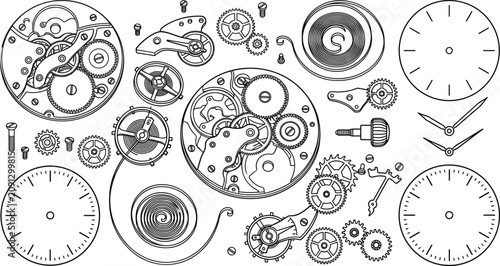 Fotografie Detailed set of mechanical watch parts including gears springs and clock face co
