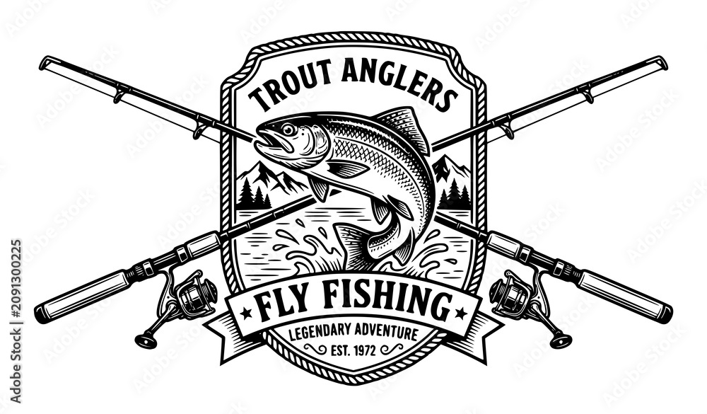 Obraz premium Jumping Trout Fish and Crossed Fishing Rods Monochrome Vector Badge Illustration