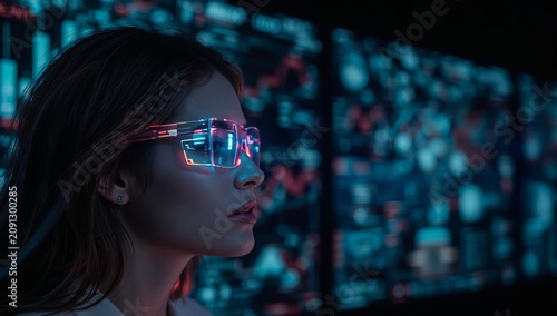 Woman Wearing Glowing Glasses Looks at Screens With Data in a Dark Room