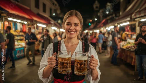 Woman Holds Two Beer Mugs at a Busy Market During a Festival in a Vibrant Street