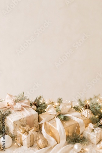 Elegant Christmas Gifts on Beige Background Wrapped holiday gifts with gold ribbons, ornaments, and evergreen branches create an elegant Christmas background with generous copy space