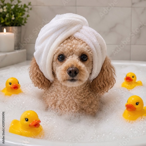 Cute Dog Enjoying Bubble Bath With Rubber Ducks Adorable dog in bubbly bathtub wearing a towel turban, surrounded by rubber ducks for a funny pet spa concept