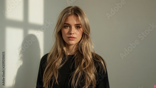 Model Stands in Front of Light Wall During Indoor Photoshoot in Afternoon Light