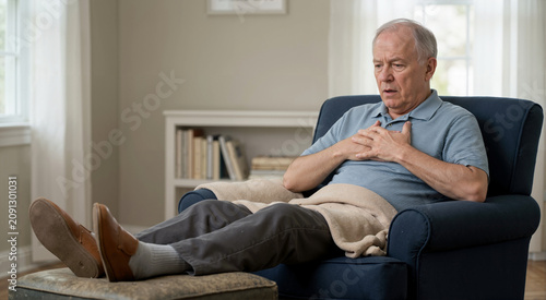 Senior man experiencing breathlessness and chest pain at home. Elderly male patient resting in an armchair with symptoms of chronic heart failure. Cardiac overload and vascular disease concept