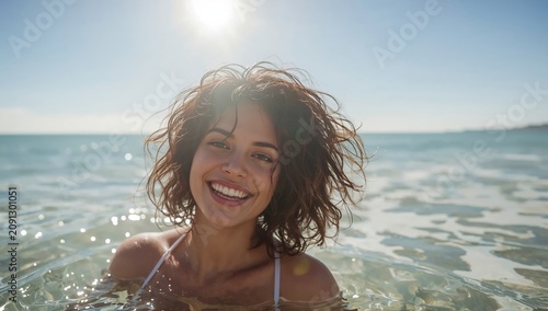 Woman Enjoys Time in Ocean Water Under Sunlight at the Beach