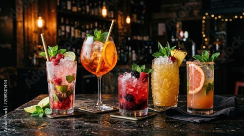 Five diverse cocktails with fruit garnishes on a wooden bar counter in a sophisticated interior