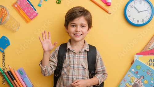 Child in a Classroom Setting Smiles and Waves While Surrounded by School Supp...