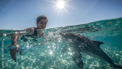 Young Person Swims With a Dolphin in Clear Water Under a Bright Sun in a Sunn...