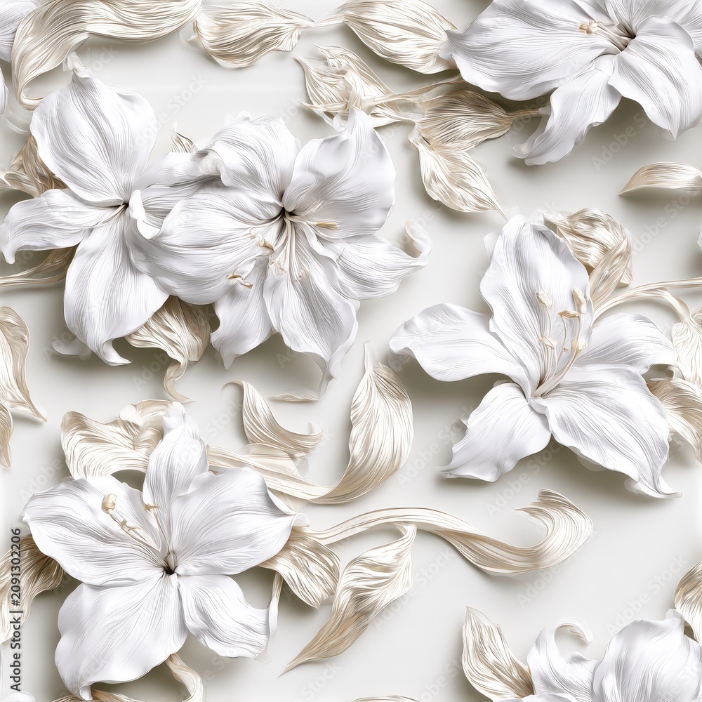 Fototapeta premium Cream floral relief ornament pattern, elegant decorative texture, luxury botanical design, refined craftsmanship, timeless sophistication.