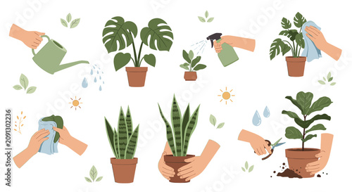 Canvastavla Set of hand drawn illustrations showing people caring for indoor houseplants in pots