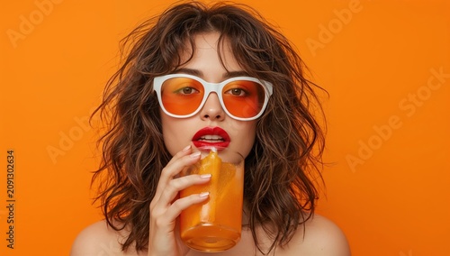 Woman Holding a Drink in Front of an Orange Background While Wearing Sunglasses