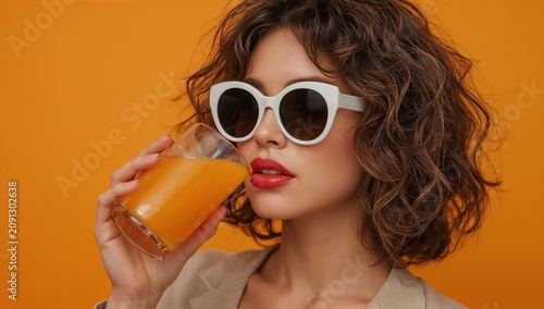 Woman Holding a Drink in Front of an Orange Background While Wearing Sunglasses