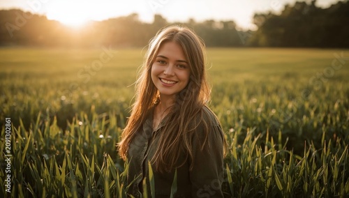 Young Woman Stands in Field at Sunset With Sunlight Shining Behind Her