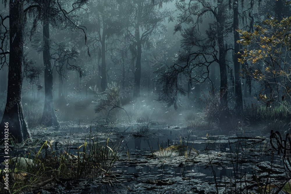 Fototapeta premium Swamp covered in fog and lit by sunbeams filtering through trees in a dark and mysterious forest