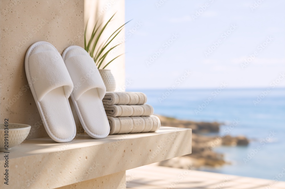 Fototapeta premium White spa slippers and folded towels on a stone ledge. Luxury hotel resort amenities with ocean view background. Wellness and relaxation concept