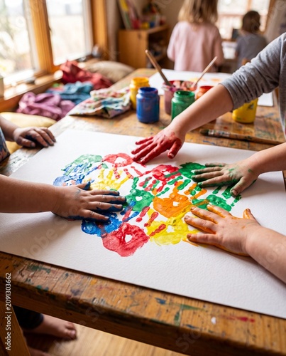 Children paint bright handprints on white paper at a wooden table, with jars of red, yellow, green and blue. Warm classroom craft scene for education, teamwork, posters and ads.