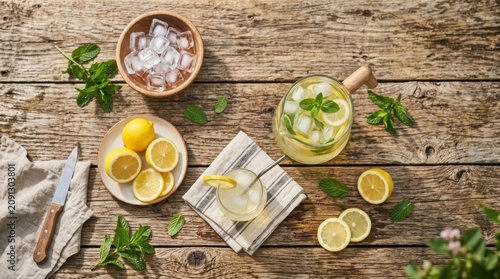 Pitcher of fresh lemonade with ice and lemons on a rustic wooden tabletop in overhead view