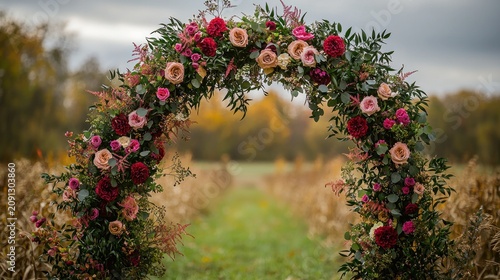 Floral archway in autumnal field.