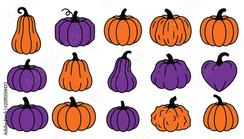 Schilderij op canvas Colorful pumpkin collection vector illustration with orange and purple gourds on