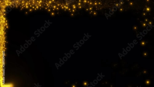 Abstract gold glitter sparkle frame overlay on beautiful magical fairy dust particle movement, star sparkle vector doodles, border frame alpha channel animation for black background. 4k video
