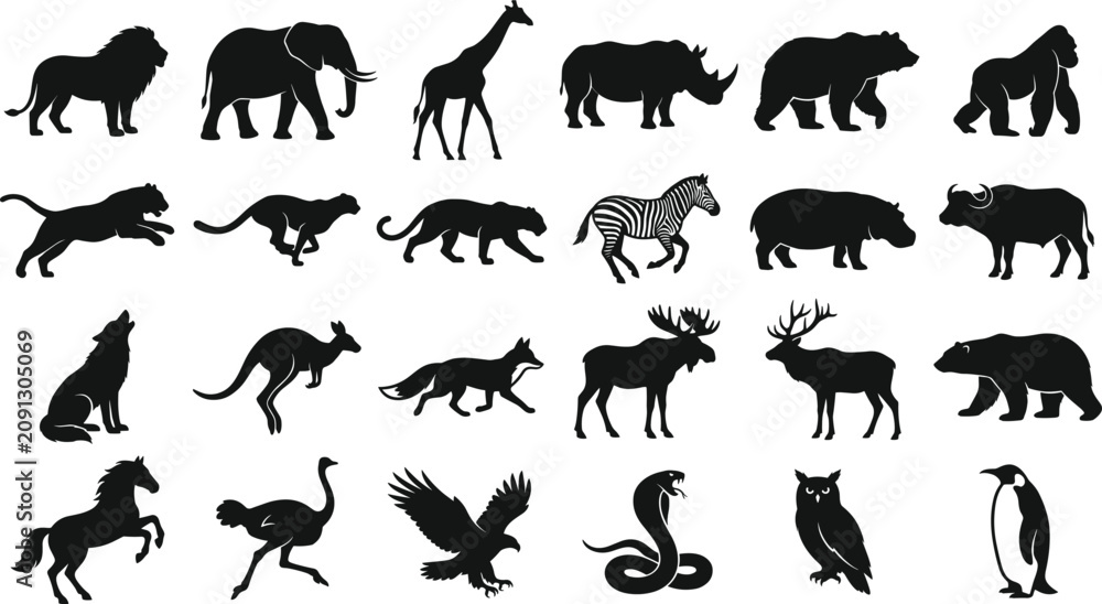 Obraz premium Animal Silhouettes Icon Set with Wild Felines Canines Zebras Birds and Mammals in Black Vector Shapes