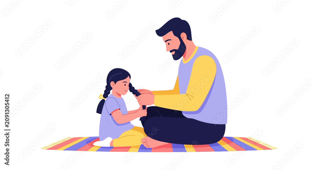 Obraz premium Father Braiding Daughter's Hair Illustration - Flat Vector Loving Parent and Child Bonding