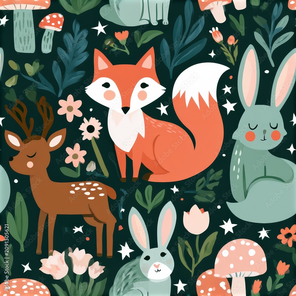 Fototapeta premium Woodland animals under starry night sky pattern, magical forest theme, whimsical nursery decor, cozy nature illustration, dreamy design.