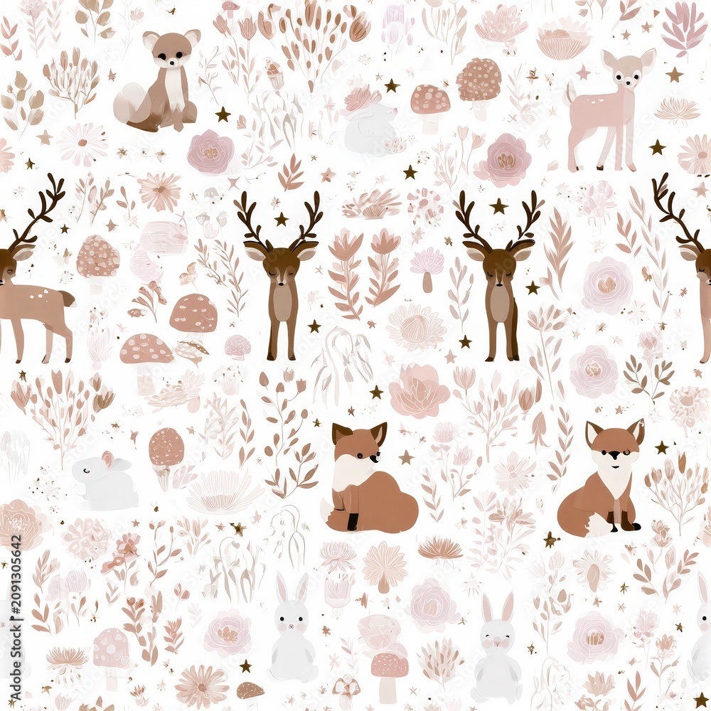 Fototapeta premium Woodland animals under starry night sky pattern, magical forest theme, whimsical nursery decor, cozy nature illustration, dreamy design.