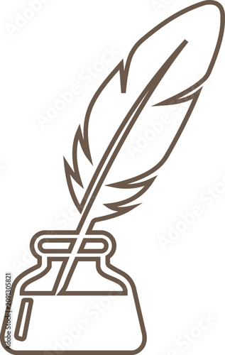 Vintage quill pen with ink bottle icon in flat and outline style vector featuring feather writing tools and calligraphy symbols isolated on transparent background