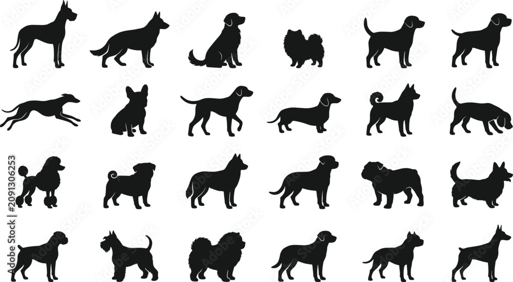 Obraz premium Dog Breed Silhouettes Icon Set with Black Vector Paw-Friendly Shapes Arranged on a Clean White Background