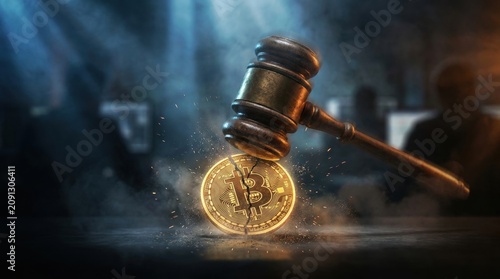 A wooden gavel striking a cracked Bitcoin coin symbolizing financial justice and cryptocurrency regulation