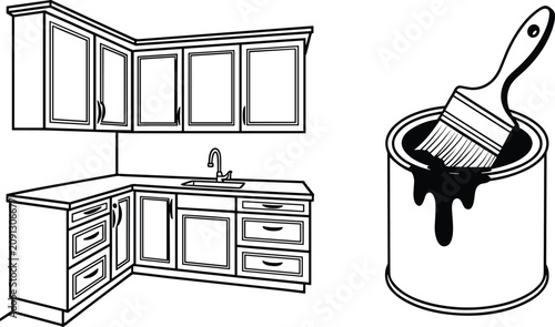 Kitchen cabinets renovation set with open paint can and brush line art vector illustration